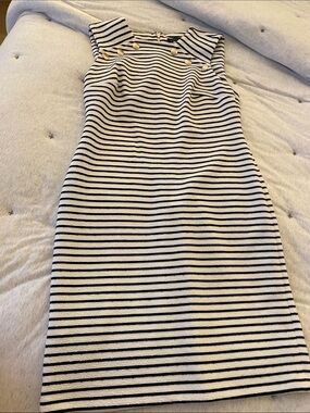 Tommy Hilfiger Navy and White Striped Midi Sheath Dress with Gold Buttons